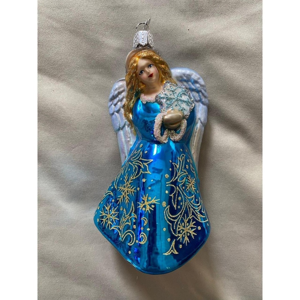 OWC Old World Christmas Blue Angel Ornament Gold Snowflake Design s25